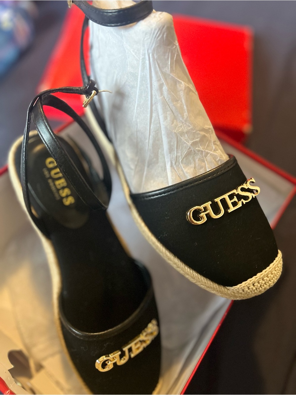 Guess Black Espadrille Wedge Sandals with Gold Logo
